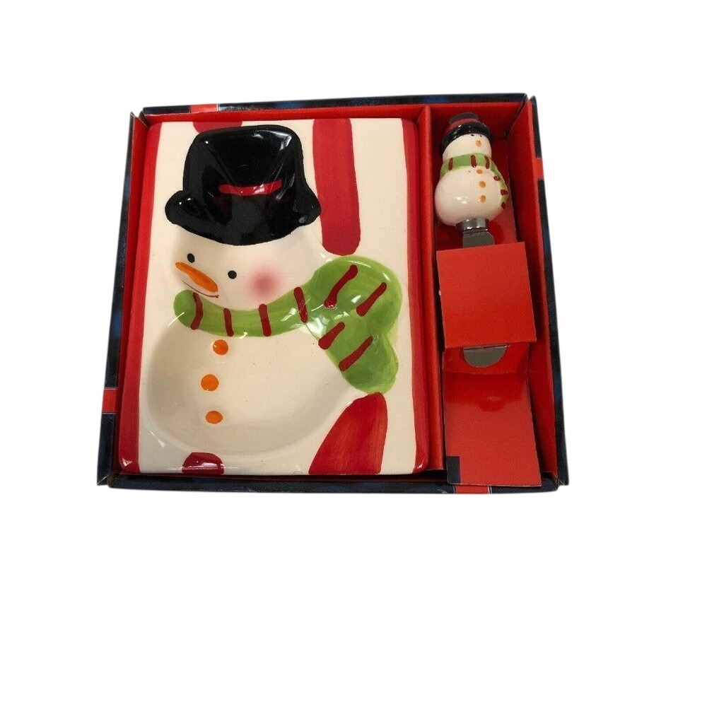 Rite Aid Home Snowman Spreader & Dish Set Unisex OS White Red Festive Ceramic